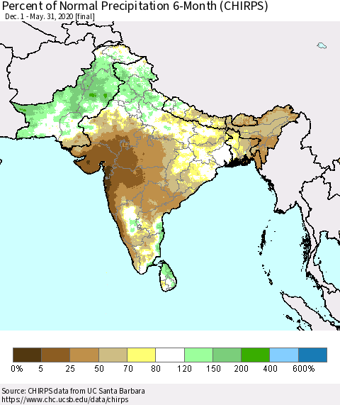 Southern Asia Percent of Normal Precipitation 6-Month (CHIRPS) Thematic Map For 12/1/2019 - 5/31/2020