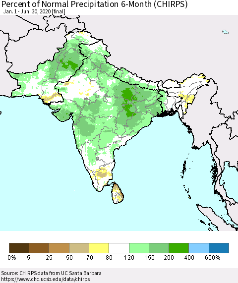 Southern Asia Percent of Normal Precipitation 6-Month (CHIRPS) Thematic Map For 1/1/2020 - 6/30/2020