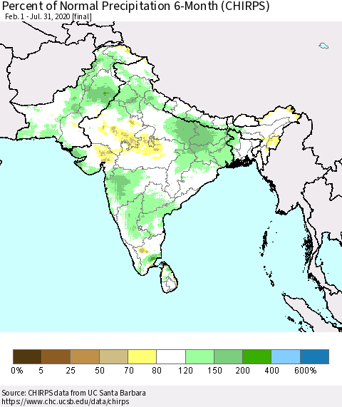 Southern Asia Percent of Normal Precipitation 6-Month (CHIRPS) Thematic Map For 2/1/2020 - 7/31/2020