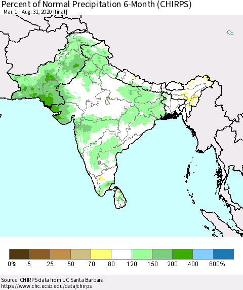 Southern Asia Percent of Normal Precipitation 6-Month (CHIRPS) Thematic Map For 3/1/2020 - 8/31/2020