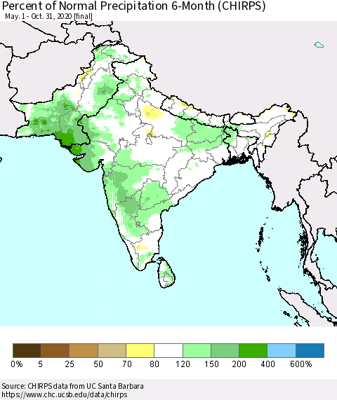 Southern Asia Percent of Normal Precipitation 6-Month (CHIRPS) Thematic Map For 5/1/2020 - 10/31/2020