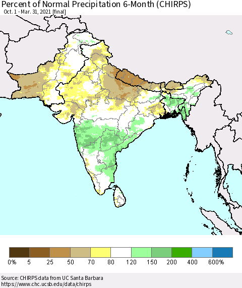 Southern Asia Percent of Normal Precipitation 6-Month (CHIRPS) Thematic Map For 10/1/2020 - 3/31/2021