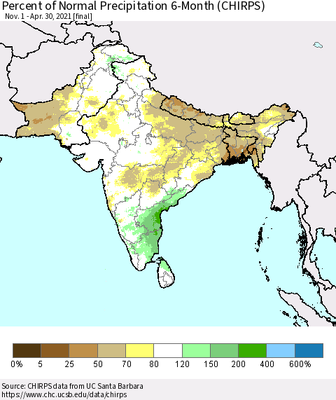 Southern Asia Percent of Normal Precipitation 6-Month (CHIRPS) Thematic Map For 11/1/2020 - 4/30/2021