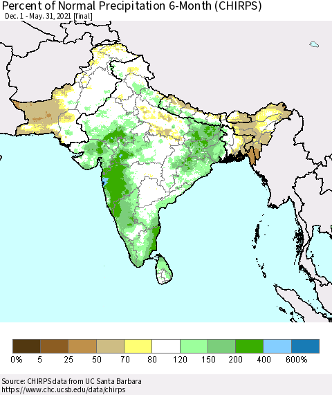 Southern Asia Percent of Normal Precipitation 6-Month (CHIRPS) Thematic Map For 12/1/2020 - 5/31/2021