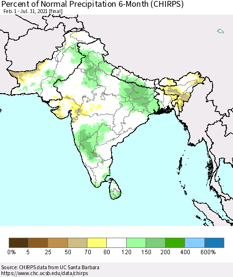 Southern Asia Percent of Normal Precipitation 6-Month (CHIRPS) Thematic Map For 2/1/2021 - 7/31/2021