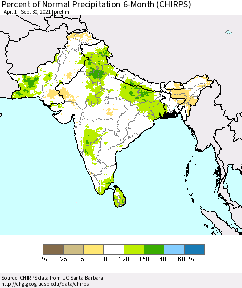 Southern Asia Percent of Normal Precipitation 6-Month (CHIRPS) Thematic Map For 4/1/2021 - 9/30/2021