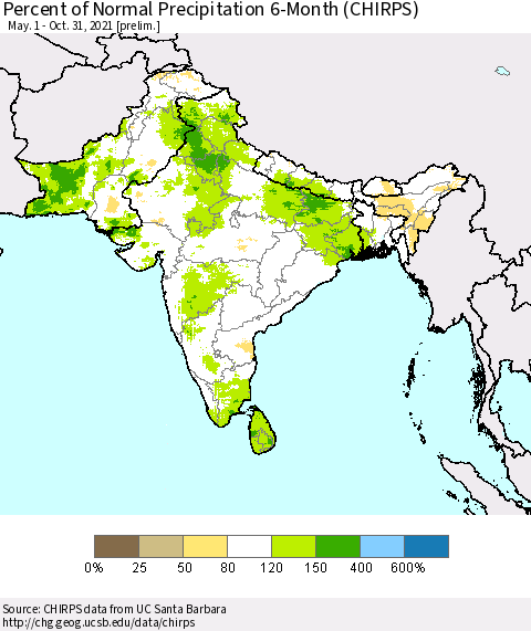 Southern Asia Percent of Normal Precipitation 6-Month (CHIRPS) Thematic Map For 5/1/2021 - 10/31/2021