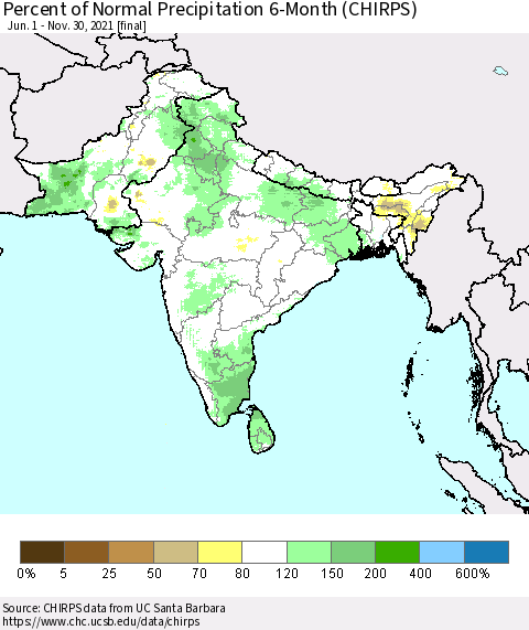 Southern Asia Percent of Normal Precipitation 6-Month (CHIRPS) Thematic Map For 6/1/2021 - 11/30/2021