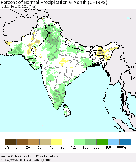 Southern Asia Percent of Normal Precipitation 6-Month (CHIRPS) Thematic Map For 7/1/2021 - 12/31/2021