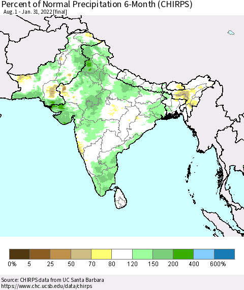 Southern Asia Percent of Normal Precipitation 6-Month (CHIRPS) Thematic Map For 8/1/2021 - 1/31/2022