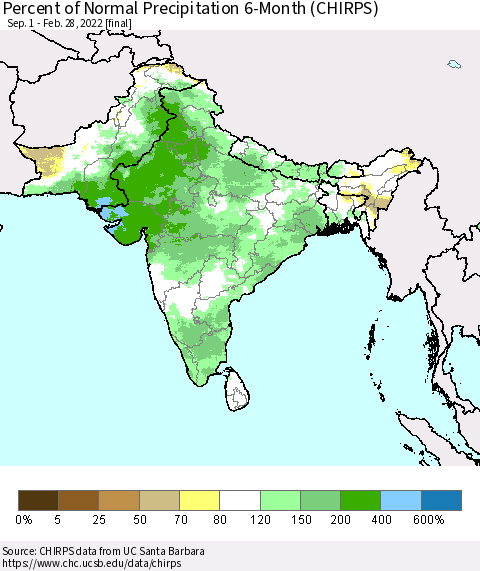 Southern Asia Percent of Normal Precipitation 6-Month (CHIRPS) Thematic Map For 9/1/2021 - 2/28/2022