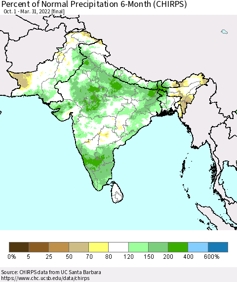 Southern Asia Percent of Normal Precipitation 6-Month (CHIRPS) Thematic Map For 10/1/2021 - 3/31/2022