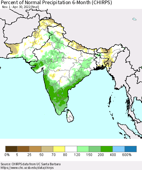 Southern Asia Percent of Normal Precipitation 6-Month (CHIRPS) Thematic Map For 11/1/2021 - 4/30/2022
