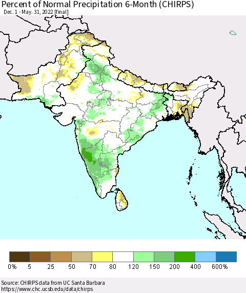 Southern Asia Percent of Normal Precipitation 6-Month (CHIRPS) Thematic Map For 12/1/2021 - 5/31/2022