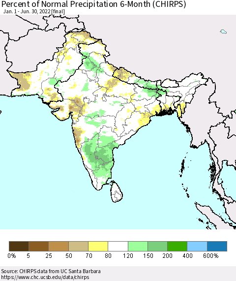 Southern Asia Percent of Normal Precipitation 6-Month (CHIRPS) Thematic Map For 1/1/2022 - 6/30/2022