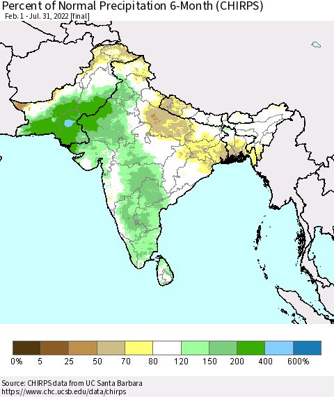 Southern Asia Percent of Normal Precipitation 6-Month (CHIRPS) Thematic Map For 2/1/2022 - 7/31/2022