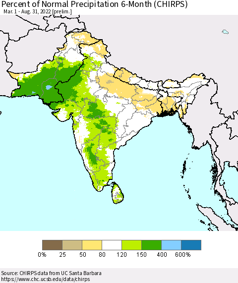 Southern Asia Percent of Normal Precipitation 6-Month (CHIRPS) Thematic Map For 3/1/2022 - 8/31/2022