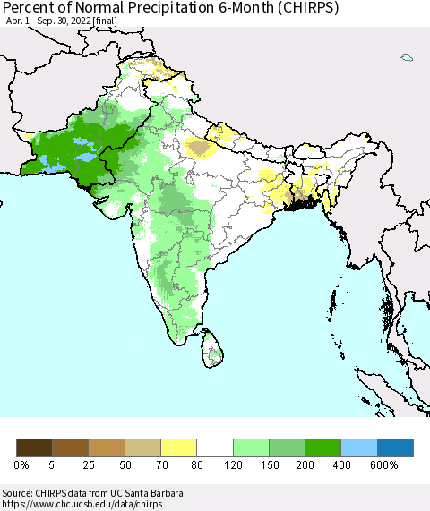 Southern Asia Percent of Normal Precipitation 6-Month (CHIRPS) Thematic Map For 4/1/2022 - 9/30/2022