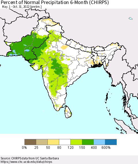Southern Asia Percent of Normal Precipitation 6-Month (CHIRPS) Thematic Map For 5/1/2022 - 10/31/2022