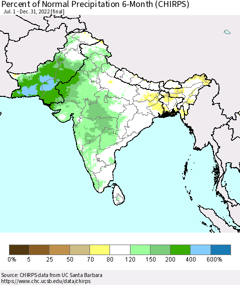 Southern Asia Percent of Normal Precipitation 6-Month (CHIRPS) Thematic Map For 7/1/2022 - 12/31/2022