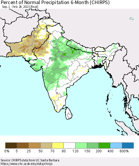 Southern Asia Percent of Normal Precipitation 6-Month (CHIRPS) Thematic Map For 9/1/2022 - 2/28/2023