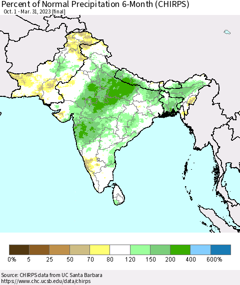 Southern Asia Percent of Normal Precipitation 6-Month (CHIRPS) Thematic Map For 10/1/2022 - 3/31/2023