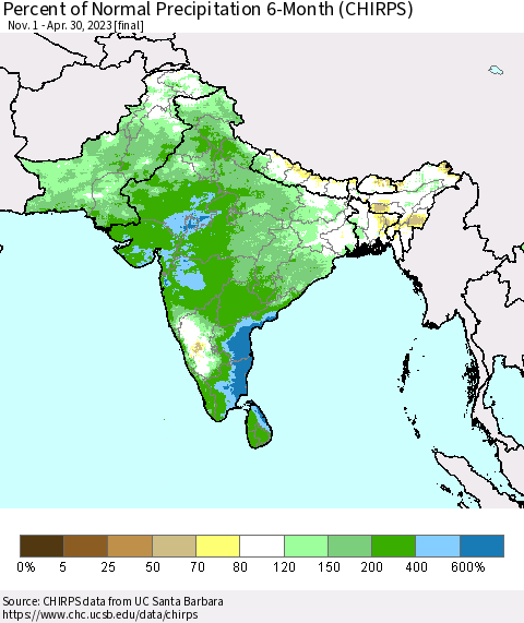 Southern Asia Percent of Normal Precipitation 6-Month (CHIRPS) Thematic Map For 11/1/2022 - 4/30/2023