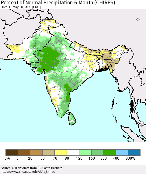 Southern Asia Percent of Normal Precipitation 6-Month (CHIRPS) Thematic Map For 12/1/2022 - 5/31/2023