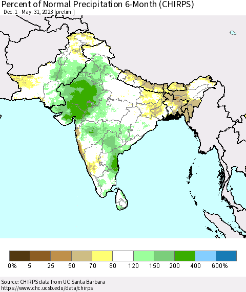 Southern Asia Percent of Normal Precipitation 6-Month (CHIRPS) Thematic Map For 12/1/2022 - 5/31/2023