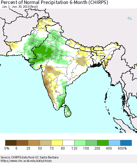 Southern Asia Percent of Normal Precipitation 6-Month (CHIRPS) Thematic Map For 1/1/2023 - 6/30/2023