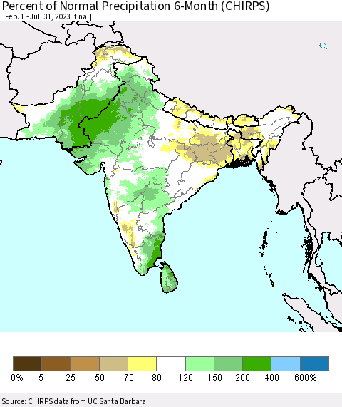 Southern Asia Percent of Normal Precipitation 6-Month (CHIRPS) Thematic Map For 2/1/2023 - 7/31/2023