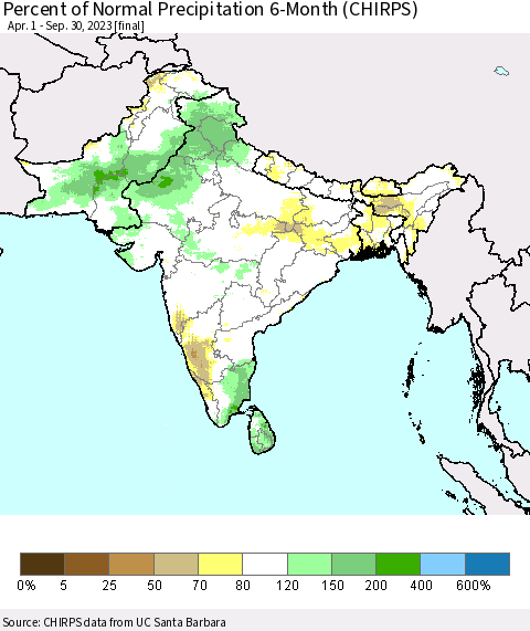 Southern Asia Percent of Normal Precipitation 6-Month (CHIRPS) Thematic Map For 4/1/2023 - 9/30/2023