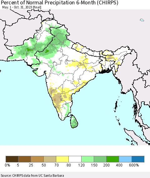 Southern Asia Percent of Normal Precipitation 6-Month (CHIRPS) Thematic Map For 5/1/2023 - 10/31/2023