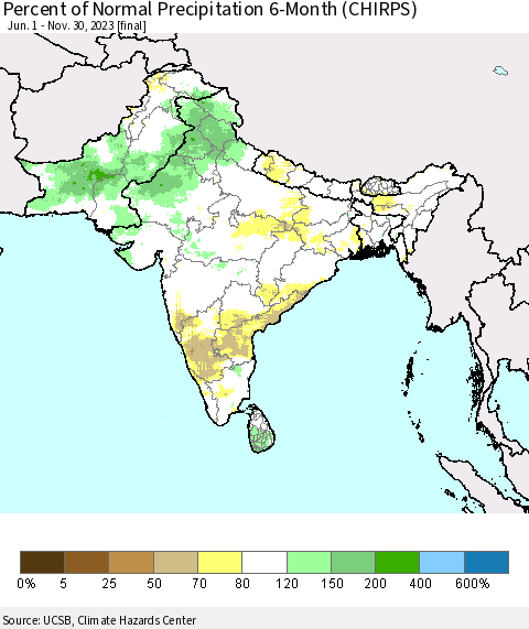 Southern Asia Percent of Normal Precipitation 6-Month (CHIRPS) Thematic Map For 6/1/2023 - 11/30/2023