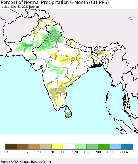 Southern Asia Percent of Normal Precipitation 6-Month (CHIRPS) Thematic Map For 7/1/2023 - 12/31/2023