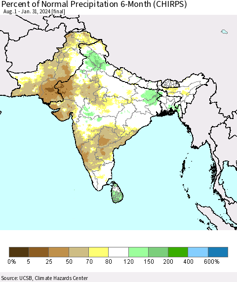 Southern Asia Percent of Normal Precipitation 6-Month (CHIRPS) Thematic Map For 8/1/2023 - 1/31/2024