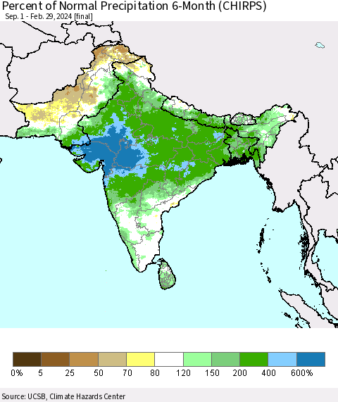 Southern Asia Percent of Normal Precipitation 6-Month (CHIRPS) Thematic Map For 9/1/2023 - 2/29/2024