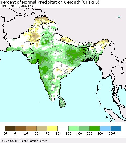 Southern Asia Percent of Normal Precipitation 6-Month (CHIRPS) Thematic Map For 10/1/2023 - 3/31/2024
