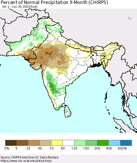 Southern Asia Percent of Normal Precipitation 9-Month (CHIRPS) Thematic Map For 10/1/2019 - 6/30/2020