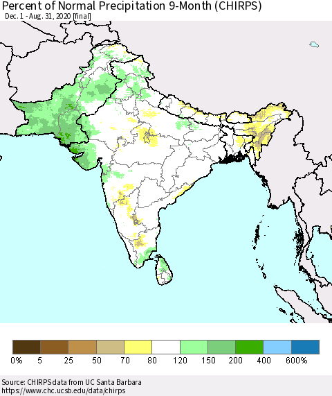 Southern Asia Percent of Normal Precipitation 9-Month (CHIRPS) Thematic Map For 12/1/2019 - 8/31/2020