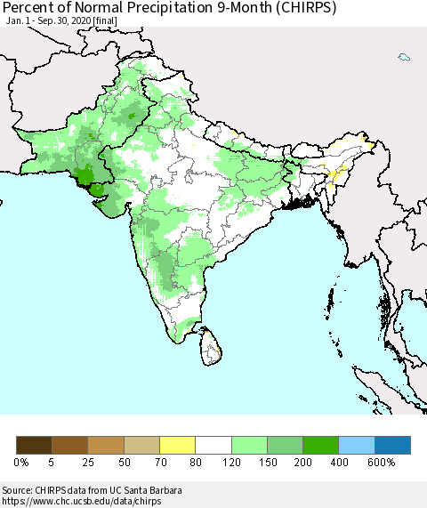 Southern Asia Percent of Normal Precipitation 9-Month (CHIRPS) Thematic Map For 1/1/2020 - 9/30/2020