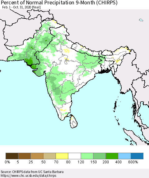 Southern Asia Percent of Normal Precipitation 9-Month (CHIRPS) Thematic Map For 2/1/2020 - 10/31/2020
