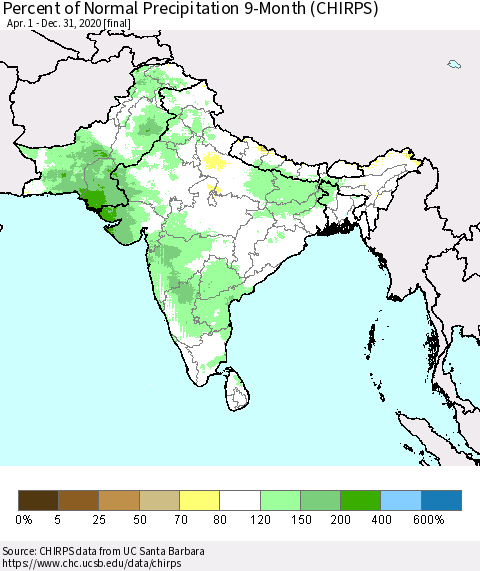 Southern Asia Percent of Normal Precipitation 9-Month (CHIRPS) Thematic Map For 4/1/2020 - 12/31/2020