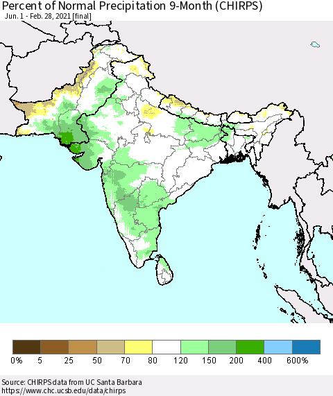 Southern Asia Percent of Normal Precipitation 9-Month (CHIRPS) Thematic Map For 6/1/2020 - 2/28/2021