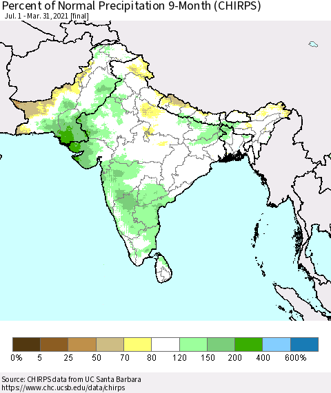Southern Asia Percent of Normal Precipitation 9-Month (CHIRPS) Thematic Map For 7/1/2020 - 3/31/2021
