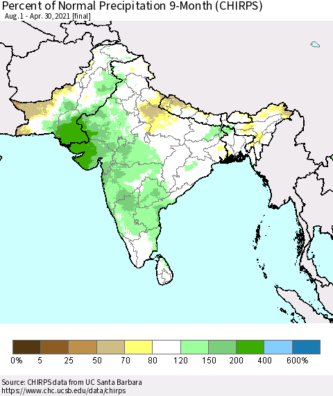 Southern Asia Percent of Normal Precipitation 9-Month (CHIRPS) Thematic Map For 8/1/2020 - 4/30/2021