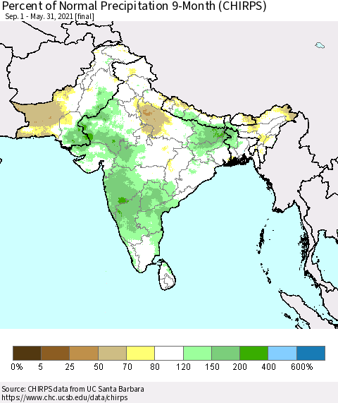 Southern Asia Percent of Normal Precipitation 9-Month (CHIRPS) Thematic Map For 9/1/2020 - 5/31/2021