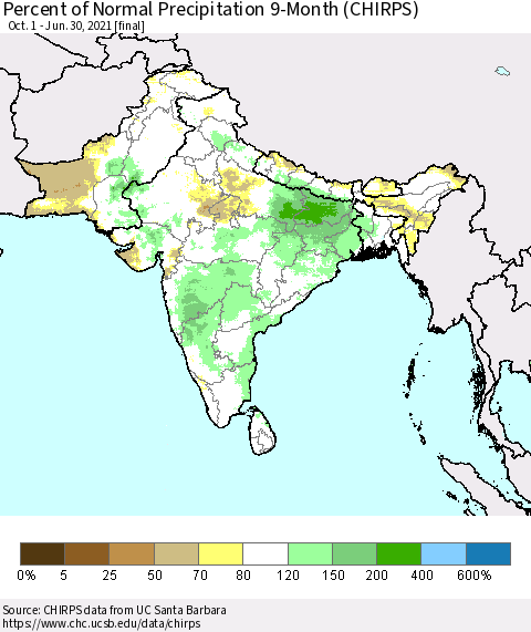 Southern Asia Percent of Normal Precipitation 9-Month (CHIRPS) Thematic Map For 10/1/2020 - 6/30/2021