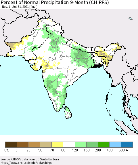 Southern Asia Percent of Normal Precipitation 9-Month (CHIRPS) Thematic Map For 11/1/2020 - 7/31/2021