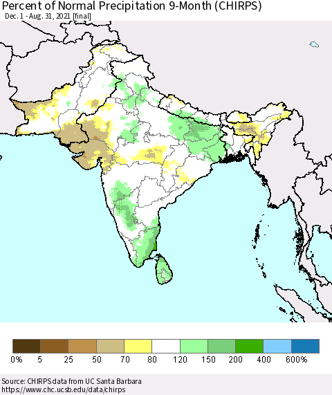 Southern Asia Percent of Normal Precipitation 9-Month (CHIRPS) Thematic Map For 12/1/2020 - 8/31/2021